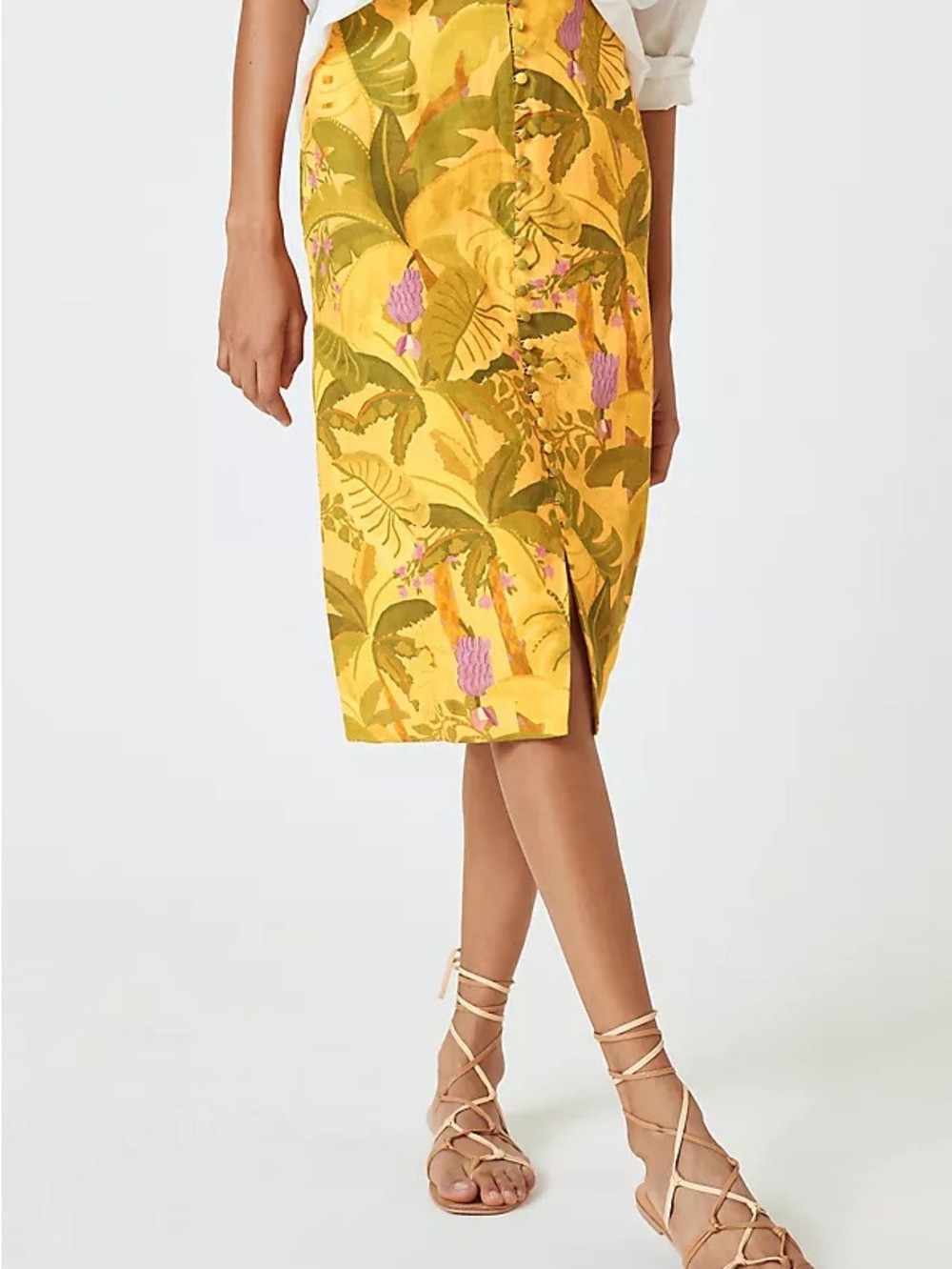 FARM Rio Banana Leaf Yellow Gold Linen Midi Skirt Medium - Picture 7 of 10